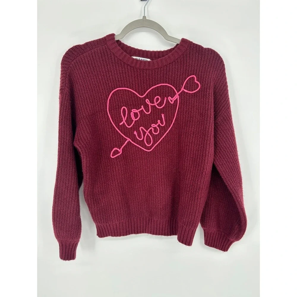 Old Navy Girls L 10-12 Burgundy Pink Love You Heart Sweater Coquette Preppy